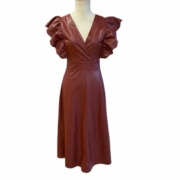 Zara Red Faux Leather Ruffle Sleeve Long Maxi Dress Size XS - Picture 2 of 8